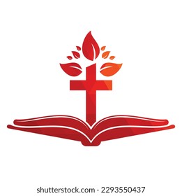 Diseño del logotipo del árbol cruzado de la biblia. Diseño de plantillas de vectores cruzados de árboles de iglesias cristianas.