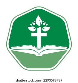 Bible Cross Tree Logo Design. Christian Church Tree Cross Vector Template Design.