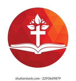 Bible Cross Tree Logo Design. Christian Church Tree Cross Vector Template Design.