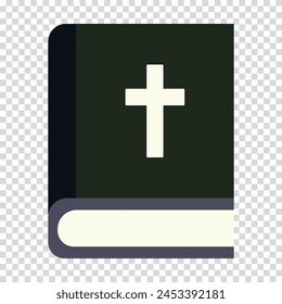 Biblia en una cubierta verde oscuro con una cruz blanca, espiritualidad, conocimiento, sabiduría, diseño plano, Imagen simple, estilo de dibujos animados. Religión y concepto de fe. Icono de línea de Vector para negocios y publicidad