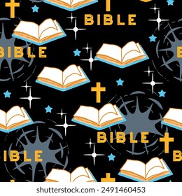 Bible and Faith Spiritual Symbols Vector Pattern. This seamless design is ideal for use in digital and print media, including textiles, wallpapers, and stationery. 