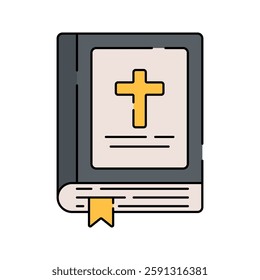 Bible Flat design style, black book with a golden cross, symbolizing Christianity�s holy scripture, useful for religious graphics, educational content, and faith-based projects.