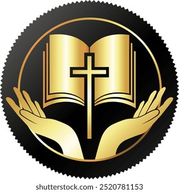 Bible with golden cross and praying hands