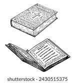 Bible hand drawn vector illustration. Retro sketches isolated. Collection of vintage gipsters. Hand drawn bible or book with christian cross. Closed and open books. Sketch
