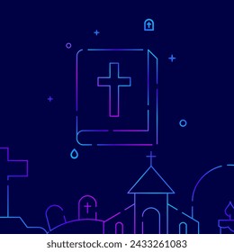 Bible, holy scripture gradient line vector icon, simple illustration on a dark blue background, funeral related bottom border.
