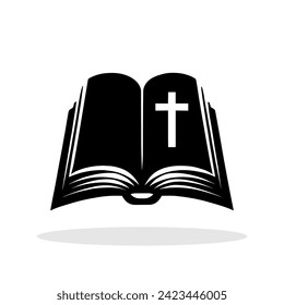 Bible Icon. Religious symbol. Black silhouette of a Bible with a cross on white background. Vector illustration.