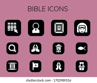 Bible Icon Set. 12 Filled Bible Icons. Included Library, Rosary, Torah, Priest, Pray, Christian, Bible, Jesus, Prayer, Nun, Christianity, Witness Icons