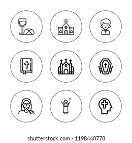 Bible icon set. collection of 9 outline bible icons with bible, church, funeral, faith, god, last supper, nun icons. editable icons.