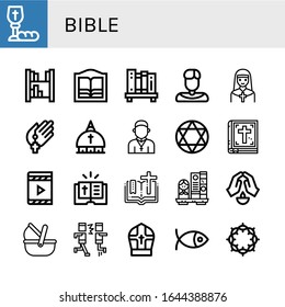 bible icon set. Collection of Communion, Bookshelf, Bookstore, Priest, Nun, Prayer, Vatican, Torah, Bible, Digital book, Moses basket, Mosh, Pope, Christianity, Crown of thorns icons