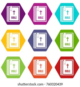 Bible icon set many color hexahedron isolated on white vector illustration