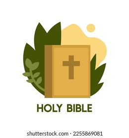 Icono de la Biblia ilustración vectorial sobre fondo blanco. Libro de la Biblia con forma de hoja y abstracta en segundo plano. Concepto del logo cristiano.