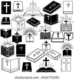 Juego de vectores de iconos de la Biblia. Colección de signos de ilustración religiosa. Símbolo de fe o logotipo.