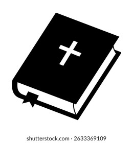Bible Icon with White Cross Vector Illustration. The book is depicted at an angle, featuring a white Christian cross on the front cover. A ribbon bookmark is visible at the bottom.