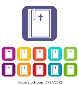 Bible icons set vector illustration in flat style In colors red, blue, green and other