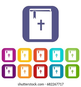 Bible icons set vector illustration in flat style in colors red, blue, green, and other