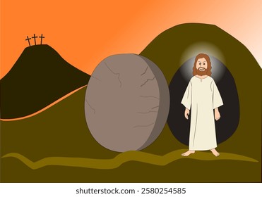 Bible illustration when Jesus rose from the grave He stood in front of the open tomb door