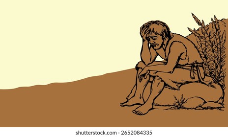 Bible Israel boy guy slave worker. Middle east torn dirty rag robe cloth sick drunk sin jew mourn grief emot face lost work weep cry pray beg God faith story retro hand drawn biblic history art sketch
