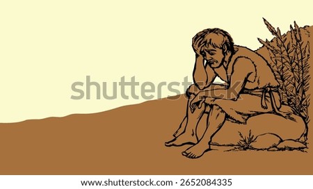 Bible Israel boy guy slave worker. Middle east torn dirty rag robe cloth sick drunk sin jew mourn grief emot face lost work weep cry pray beg God faith story retro hand drawn biblic history art sketch