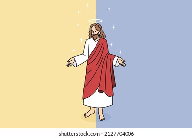 Bible and Jesus Christ concept. Kind smiling Jesus in red clothing standing and showing his big caring hands vector illustration 