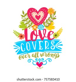 Bible lettering. Christian art. Love covers over all wrongs.