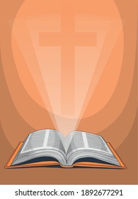 The Bible lies open and shines from Him. Illustration of the Holy Scriptures.