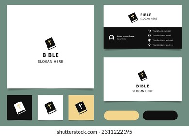 Diseño del logo de la Biblia con un lema editable. Libro de promoción de marca y plantilla de tarjeta de visita.