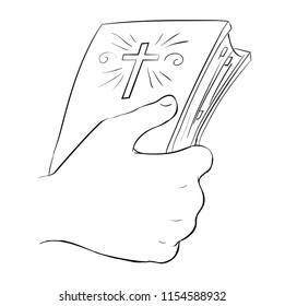 Bible in man's hand - contour illustration