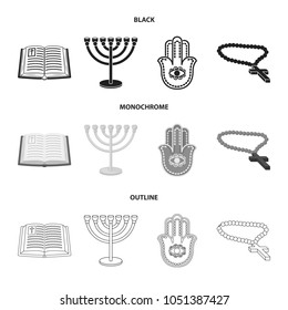 Bible, menorah, hamsa, orthodox cross.Religion set collection icons in black,monochrome,outline style vector symbol stock illustration web.