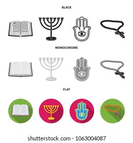 Bible, menorah, hamsa, orthodox cross.Religion set collection icons in black, flat, monochrome style vector symbol stock illustration web.