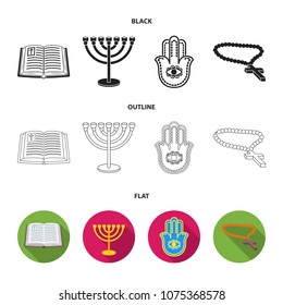 Bible, menorah, hamsa, orthodox cross.Religion set collection icons in black,flat,outline style vector symbol stock illustration web.