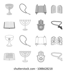 Bible, menorah, hamsa, orthodox cross.Religion set collection icons in outline,monochrome style vector symbol stock illustration web.