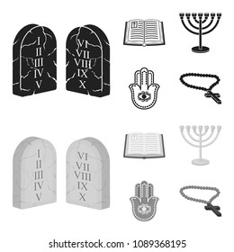 Bible, menorah, hamsa, orthodox cross.Religion set collection icons in black,monochrom style vector symbol stock illustration web.