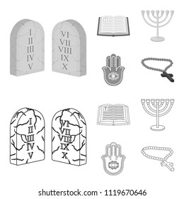 Bible, menorah, hamsa, orthodox cross.Religion set collection icons in outline,monochrome style vector symbol stock illustration web.