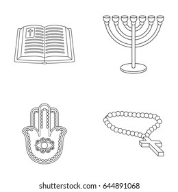 Bible, menorah, hamsa, orthodox cross.Religion set collection icons in outline style vector symbol stock illustration web.