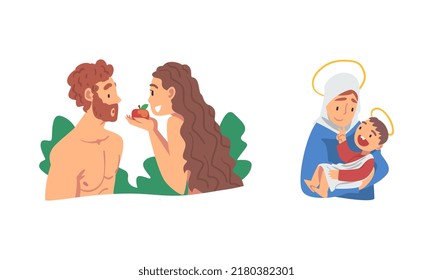 Bible Narrative with Adam and Eve Partaking Forbidden Fruit and Mary Holding Jesus Baby Vector Illustration Set