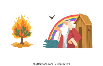 Bible Narrative with Burning Bush not Consuming by Flames and Noah and His Ark Vector Illustration Set