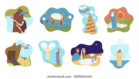 Bible narrative composition set with legendary character. Eight different biblical Christian religion story doodle cartoon scene from beginning to end vector illustration isolated on white background