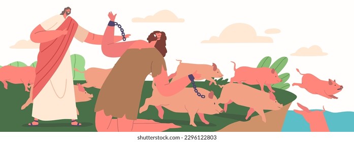 Bible Narrative Jesus Casts Demons Into Pigs That Then Jump Off A Cliff And Drown In The Sea. Crazy Male Character