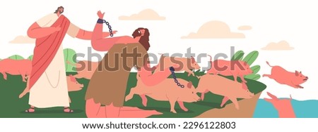 Bible Narrative Jesus Casts Demons Into Pigs That Then Jump Off A Cliff And Drown In The Sea. Crazy Male Character