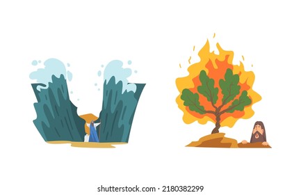 Bible Narrative with Moses and Crossing of the Red Sea and Burning Tree Vector Illustration Set