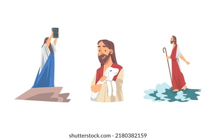 Bible Narrative with Moses Holding Table of the Covenant and Chridt with Lamb Vector Illustration Set