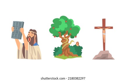 Bible Narrative with Moses Holding Table of the Covenant and Crucifixion Vector Illustration Set