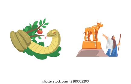 Bible Narrative with Serpent or Snake of Temptation in the Garden of Eden and Golden Idol Vector Illustration Set