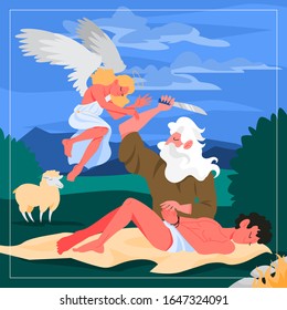 Bible narratives about Abraham and Isaac. Christian bible character. Scripture history. Abraham sacrificing his son as a test of faith. Vector illustration.