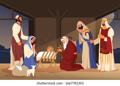 Bible narratives about the Adoration of the Magi. Three Magi found Jesus by following a star, and giving him gifts, gold, frankincense, and myrrh. Christian bible character. Vector illustration