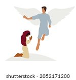 Bible narratives about the Annunciation to the Blessed Virgin Mary. Angel biblical religious character archangel Gabriel appearing to virgin Mary and announce that she will become the mother of Jesus