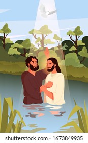 Bible narratives about the Baptism of Jesus Christ. John the Baptist with Jesus standing in the water. Holy Spirit as a dove descending on them. Christian bible character. Vector illustration.