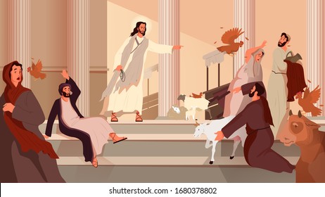 Bible narratives about the Cleansing of the Temple. Jesus expelling the merchants and the money changers from the Temple. Christian bible character. Vector illustration