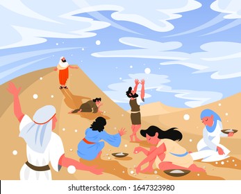 Bible narratives about Manna. Christian bible character. Scripture history. Moses standing among the Israelites in the desert with people gathering the manna from God to feed them. Vector illustration