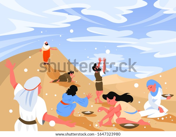 Bible narratives about Manna. Christian\
bible character. Scripture history. Moses standing among the\
Israelites in the desert with people gathering the manna from God\
to feed them. Vector\
illustration